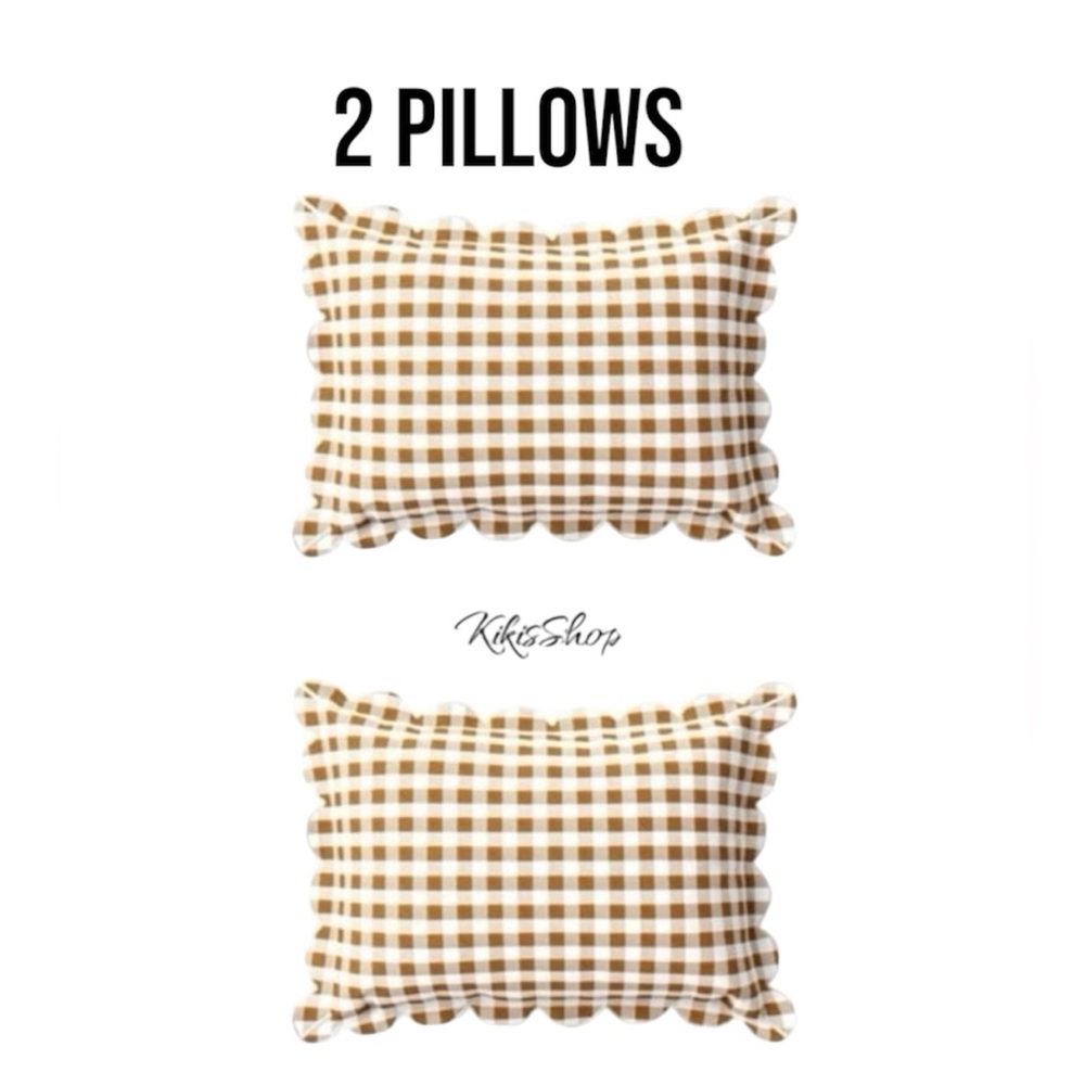 Studio McGee Set of 2-14x20 Gingham Scalloped Edge Outdoor Lumbar Pillow Brown